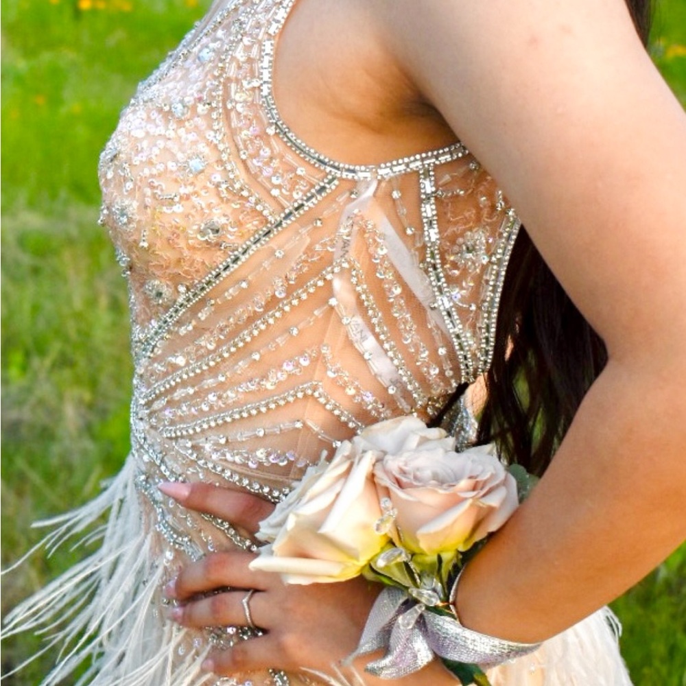 Jovani 2023 Sheer Embellished Bodice Feather Prom Dress Ball Gown